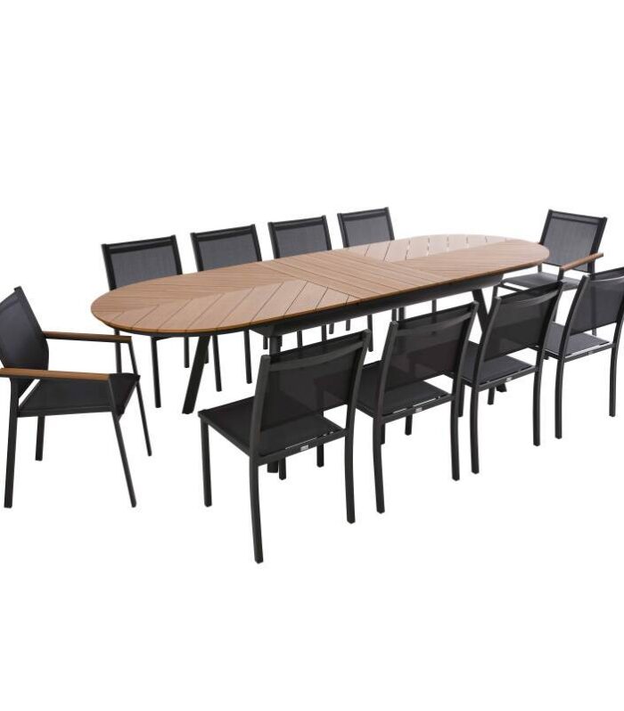 Mesa de jardín extensible de polywood y aluminio 220/280x100 cm y 10 sillas de textilene