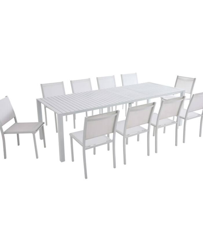 Mesa de jardín extensible de aluminio 52/260x100 cm y 10 sillas en textilene