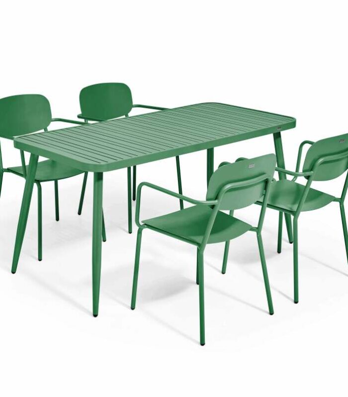 Mesa de jardín de aluminio 150x75 cm y 4 sillas con reposabrazos