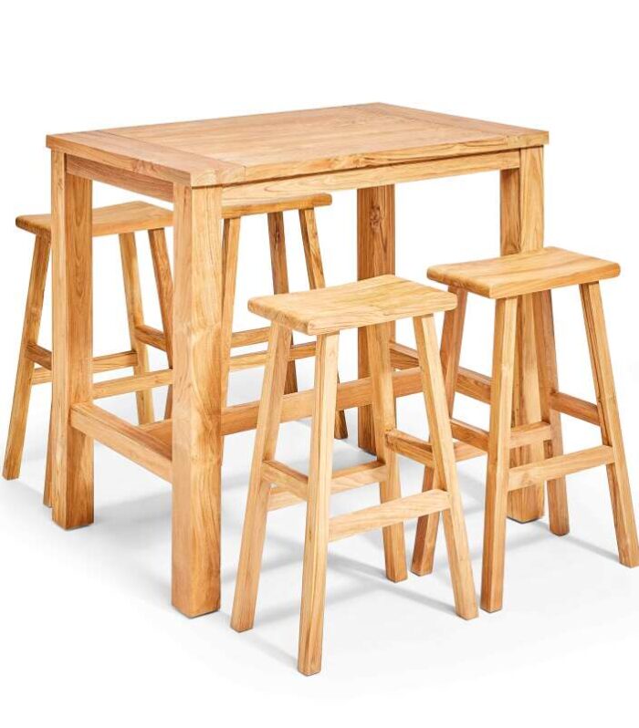 Mesa alta de jardín de teca maciza reciclada FSC® 120x80 cm y 4 taburetes