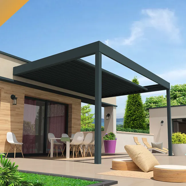 Pérgola retráctil SIROCO 4,50x4,109 M Motorización con pistón eléctrico y mando a distancia (Gris)