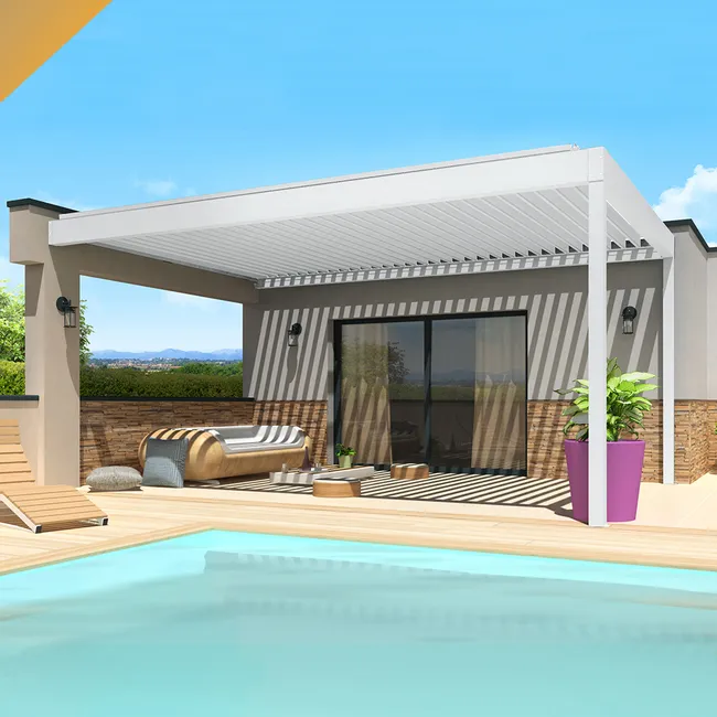 Pérgola bioclimática TRAMONTANA 4,50x6,037 M Motorización con pistón eléctrico y mando a distancia (Blanco)