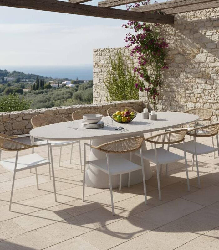 Mesa de jardín oval efecto hormigón liso 250x110 cm y 8 sillas apilables de textilene