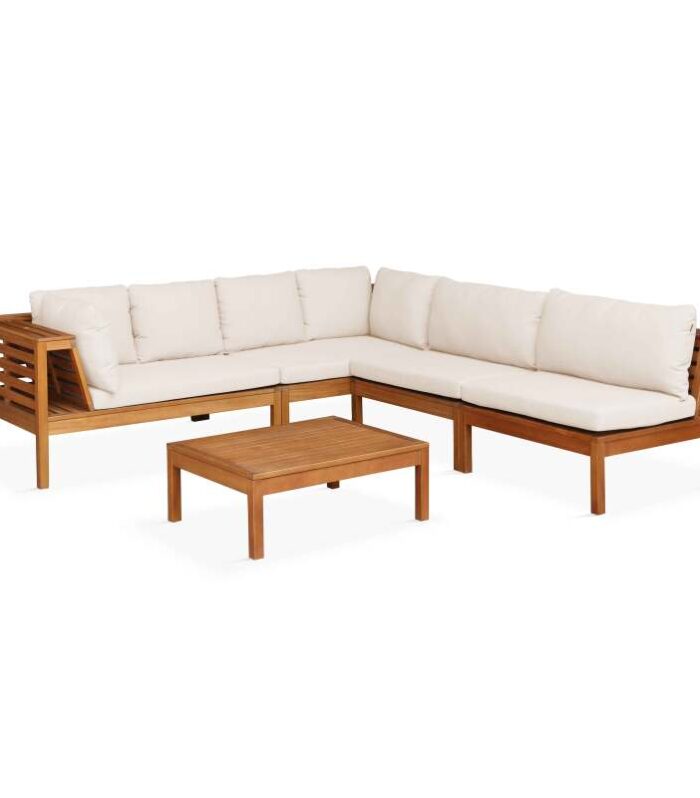Sofá de jardín en forma de L de 5 plazas con mesa de madera de eucalipto FSC®